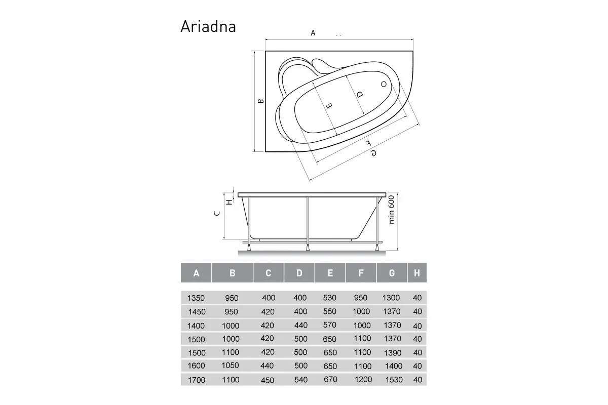 Ванна акриловая левосторонняя Relisan ARIADNA Гл000001460, 135x95