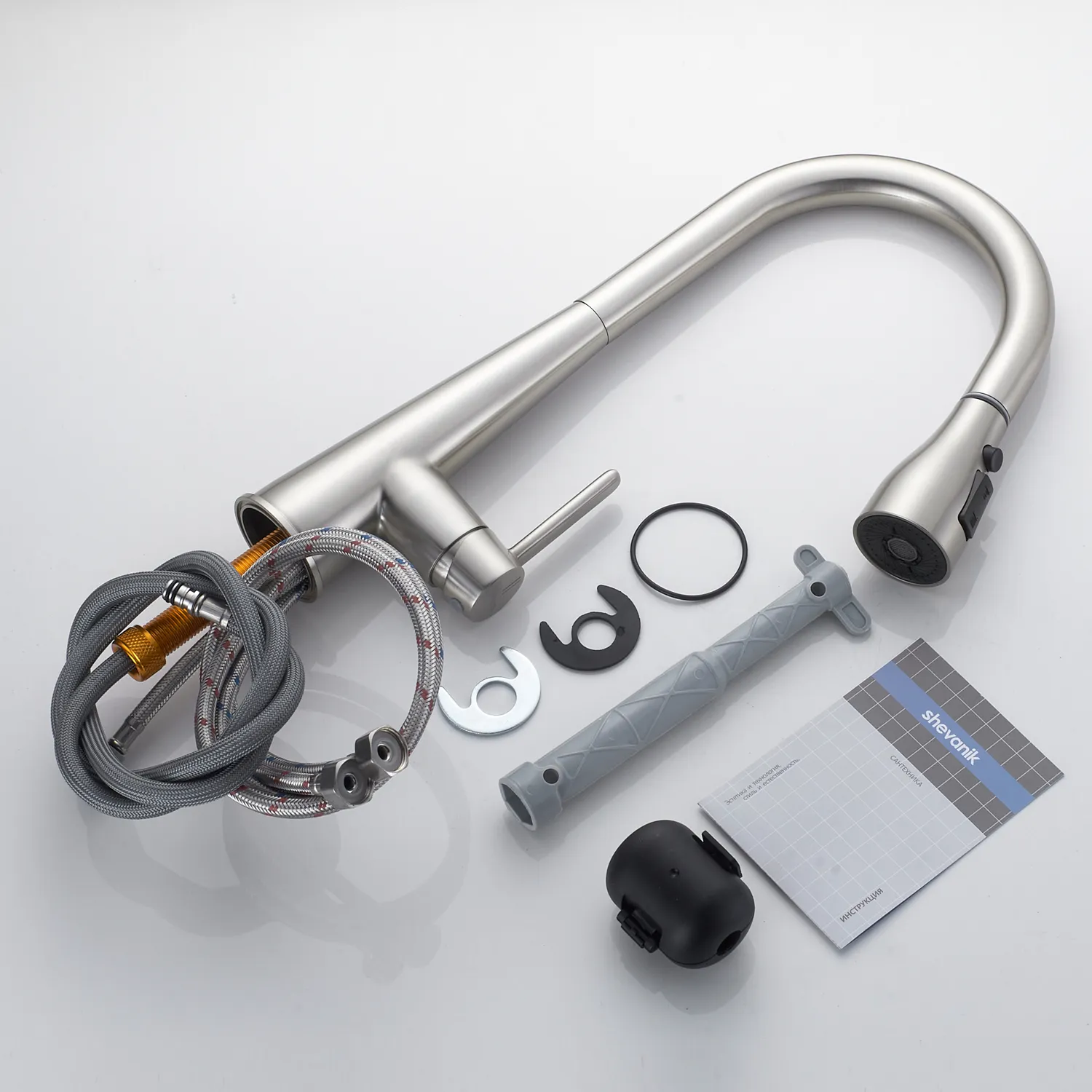 Смеситель для кухни с выдвижным изливом Shevanik S363L, сатин