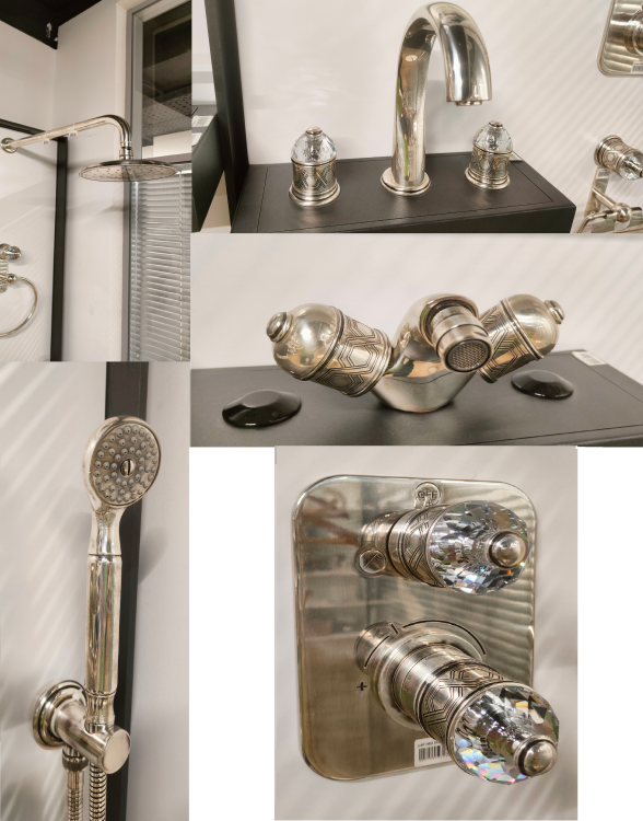 Комплект THG Duomo crystal смесители для биде+для раковины+верхний душ+держатель+смеситель для душа+внутр. часть+душевой набор, Antique Silver (THG Duomo Set)