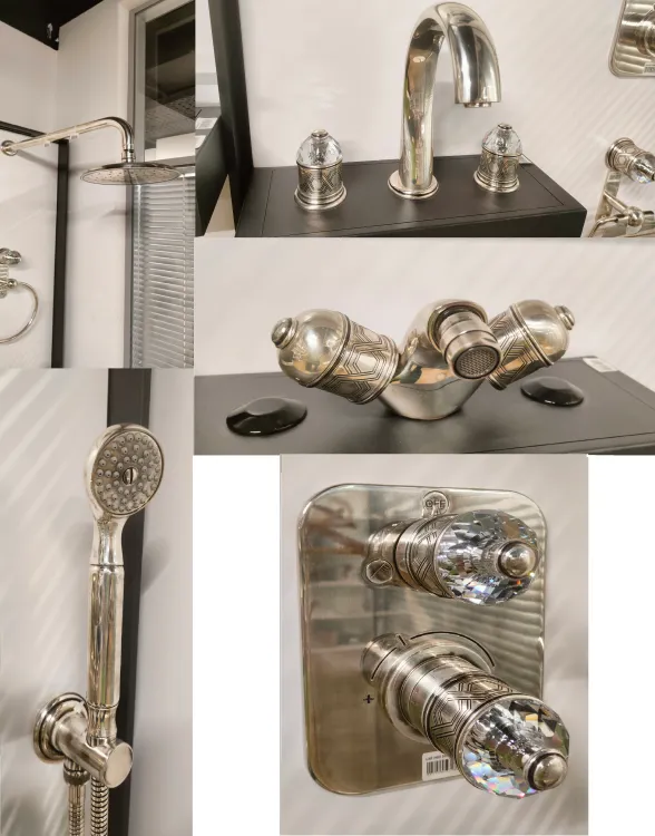 Комплект THG Duomo crystal смесители для биде+для раковины+верхний душ+держатель+смеситель для душа+внутр. часть+душевой набор, Antique Silver (THG Duomo Set)