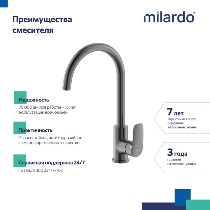 Смеситель для кухни Milardo Rora с каналом для фильтрованной воды, графит (RORGMFJM05)