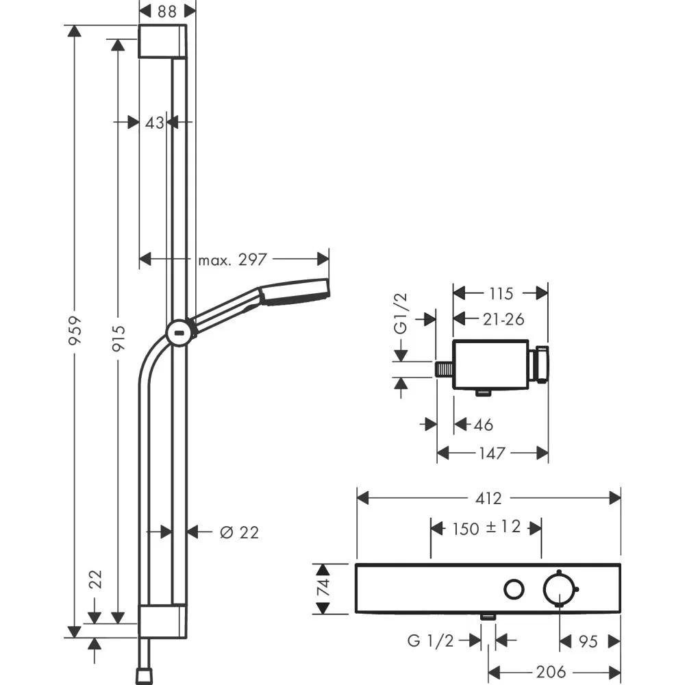 Душевая система Hansgrohe Pulsify S Showerpipe 105 3jet с термостатом для ванны, штанга 90 см 24270000, хром