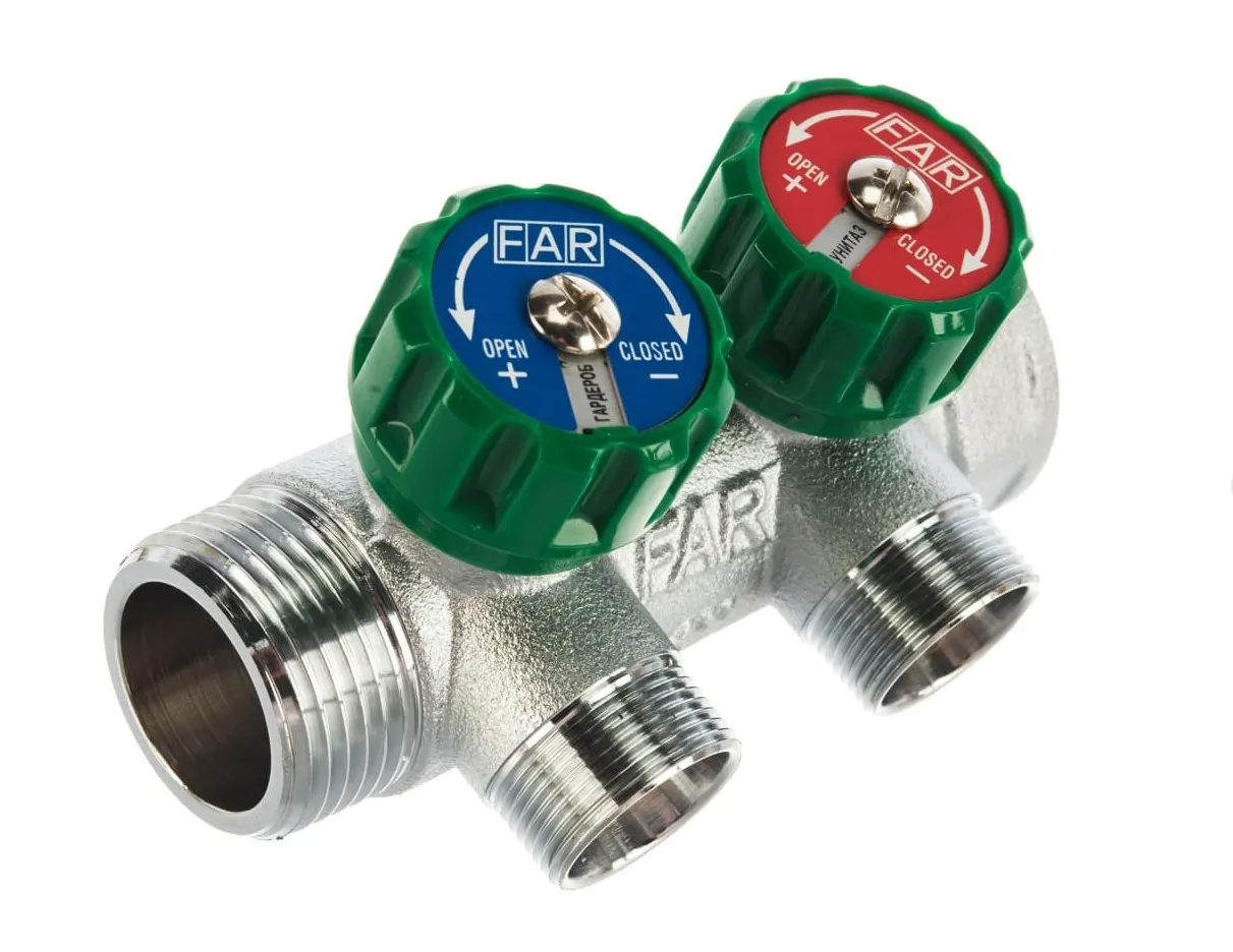 Коллектор регулирующий FAR 3/4"х1/2"EU (ВР-НР) на 2 отвода, с вставкой под плоское уплотнение (FK 3821 3412UN)