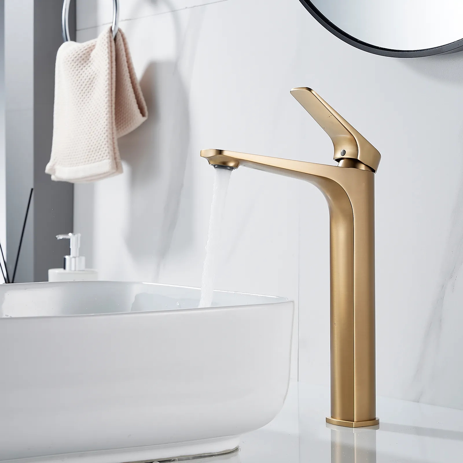 Смеситель для раковины высокий Shevanik S4211G, золотой сатин