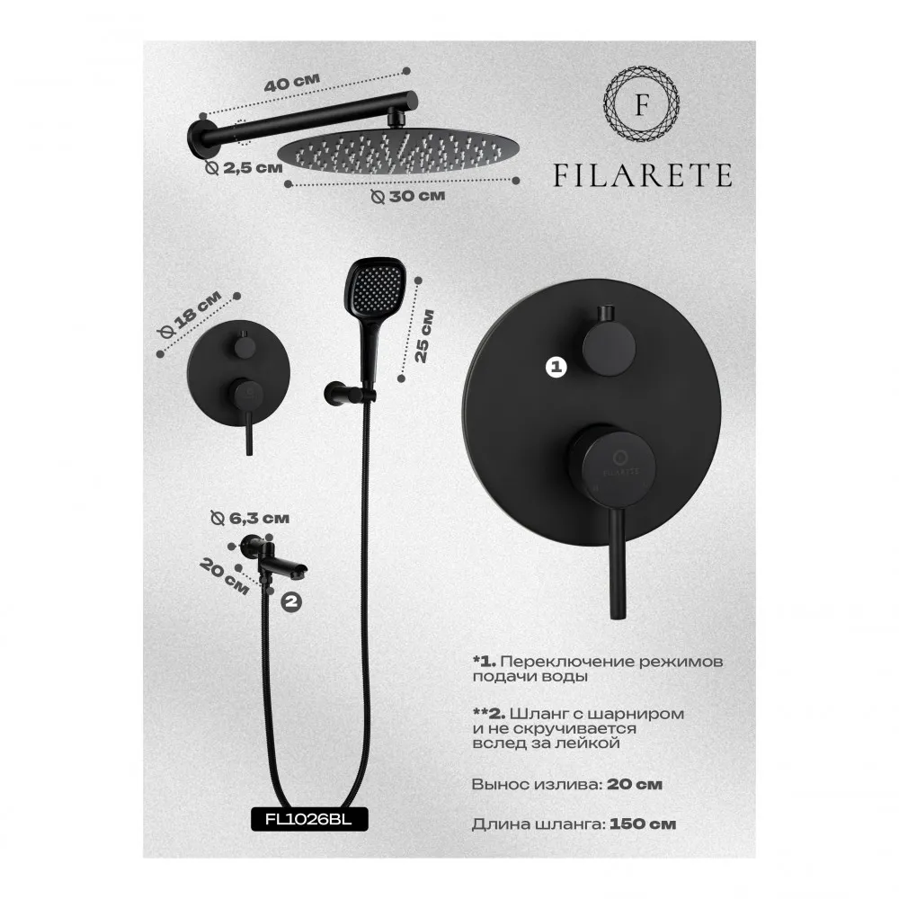 Душевая система встраиваемая FILARETE Roun FL1026BL, черный