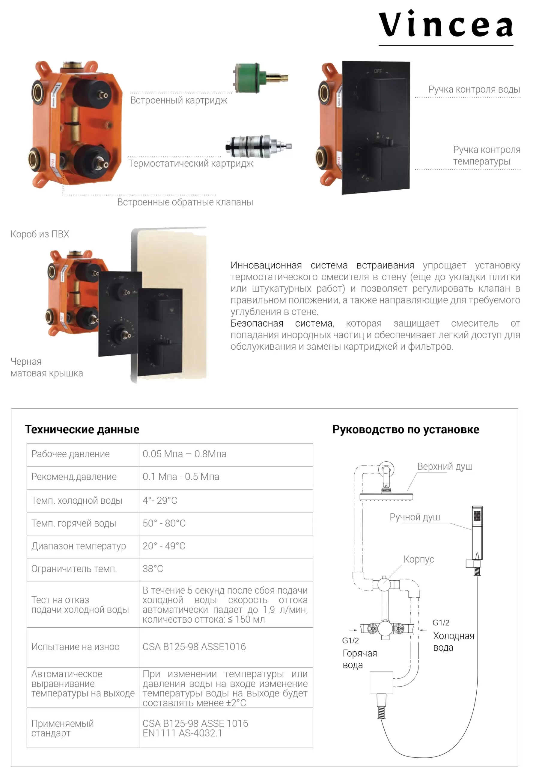 Душевой комплект Vincea VSFW-103TMB термостатический встраиваемый, двухрежимный, черный