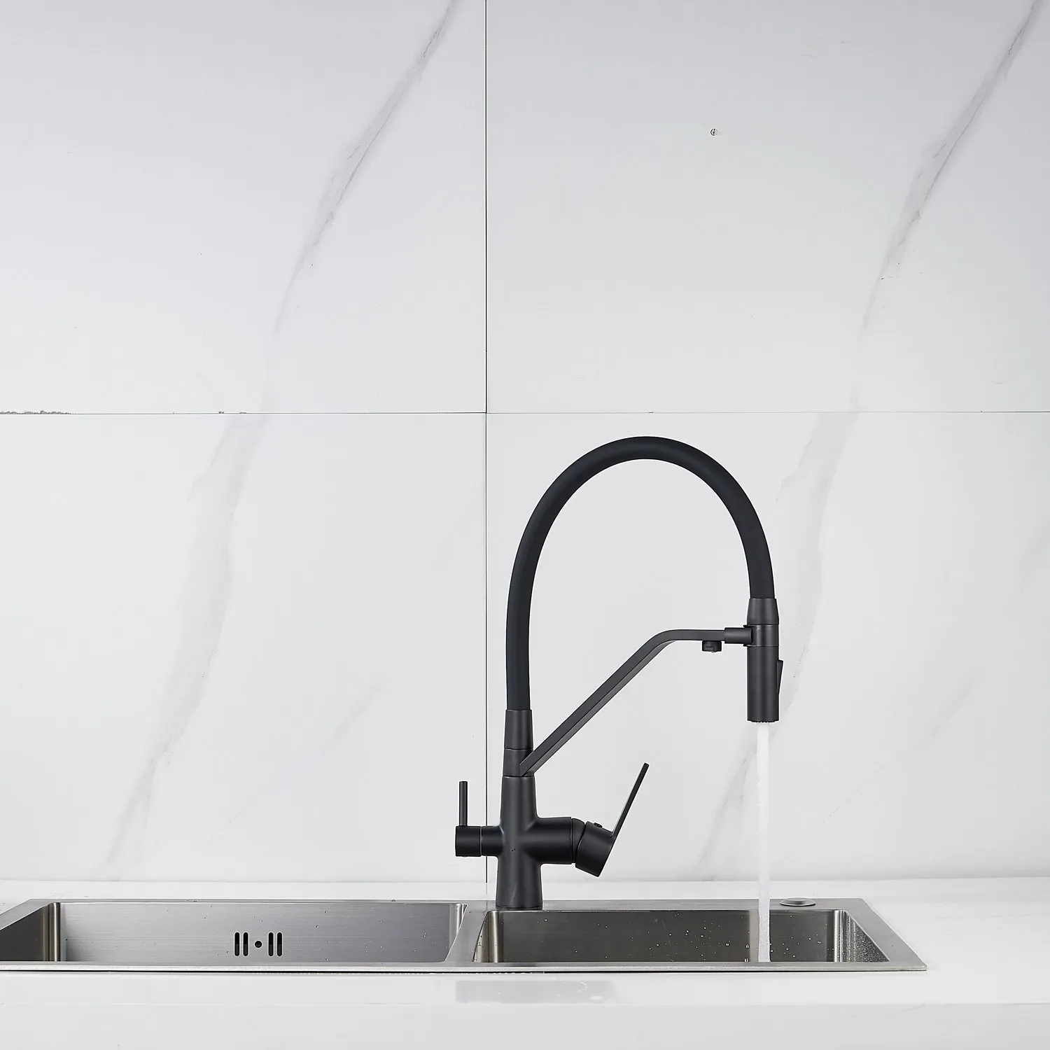 Смеситель для кухни с гибким изливом и подключением фильтра Shevanik S278H, черный