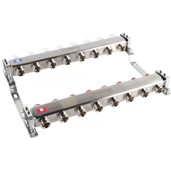 Коллектор Rommer 1"x3/4" на 8 контуров с запорными клапанами (нерж. сталь) (RMS-3200-000008)