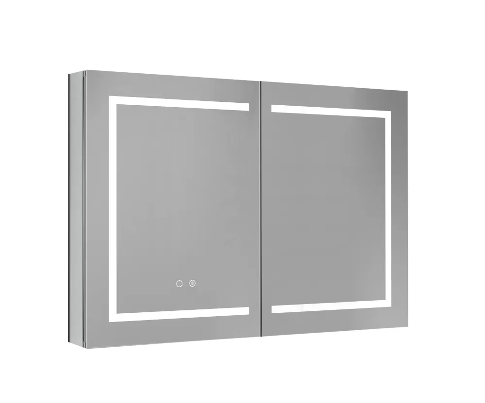 AQ7104-MLC Алюминиевый зеркальный шкаф с подсветкой 900*700*133,крепеж.Две зерк. дверцы 49,85см, две стекл.полк, круговая подсветка, антизапотевание