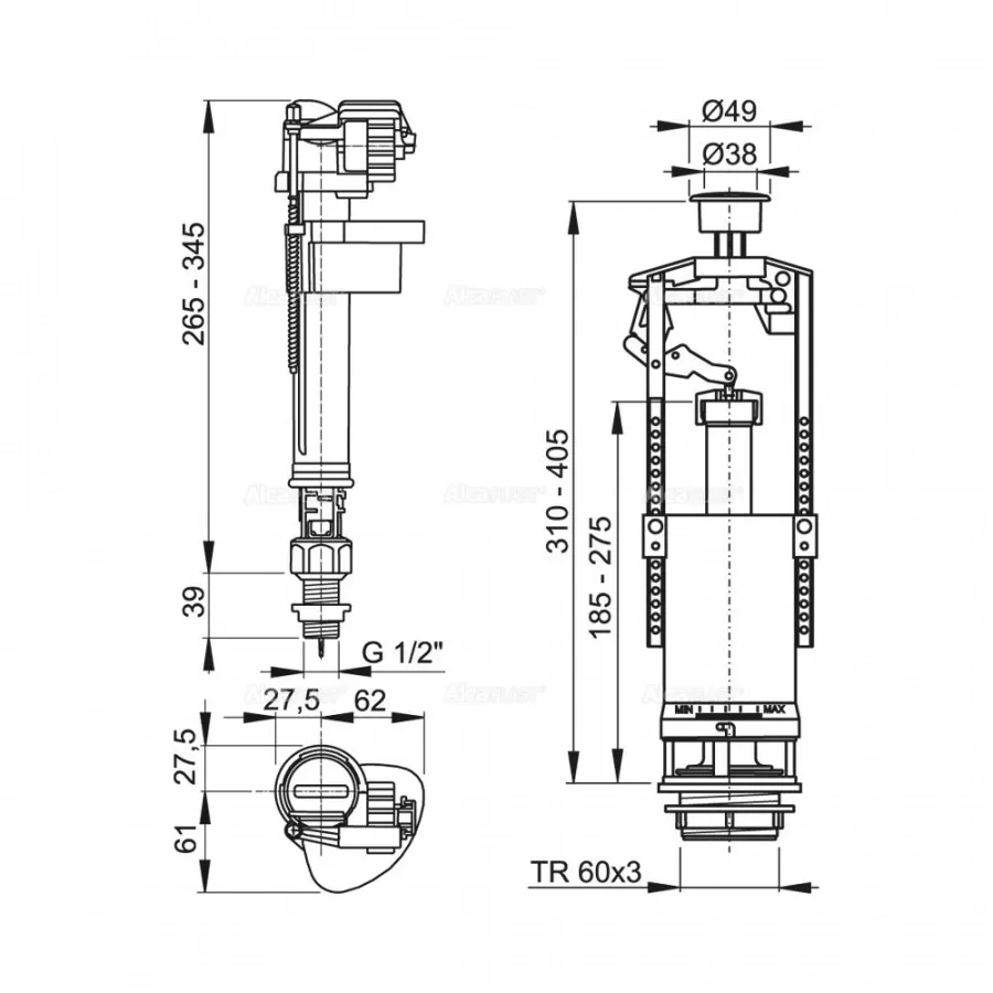 SA2000SK 1/2" CHROM Выпускной комплект со стоп кнопкой, впускной механизм А18-1/2 AlcaPlast