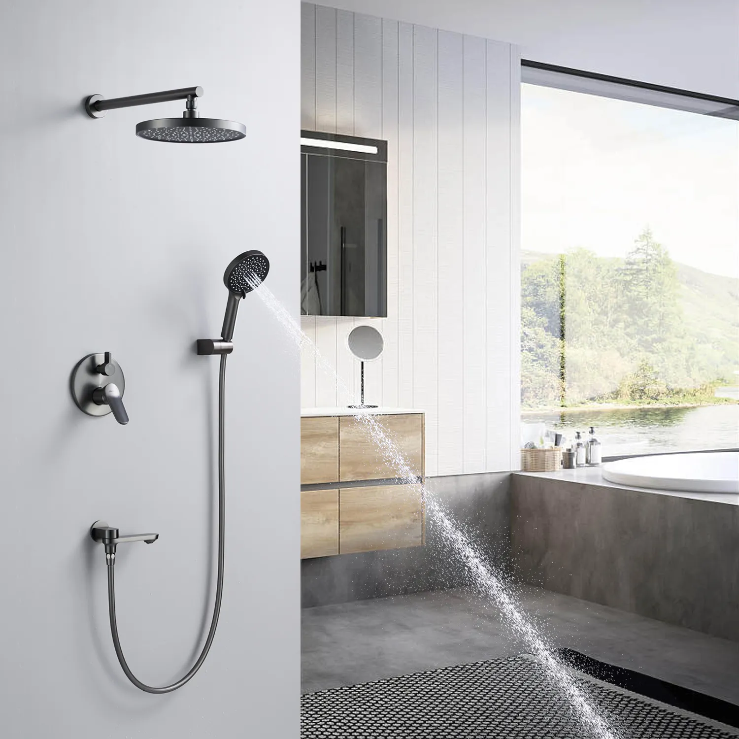 Душевая система встраиваемая Shevanik S4335T, оружейная сталь