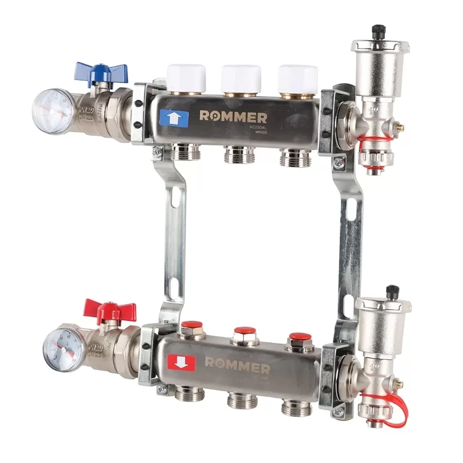 Коллекторы Rommer RMS-3210 с запорными клапанами в сборе из нержавеющей стали