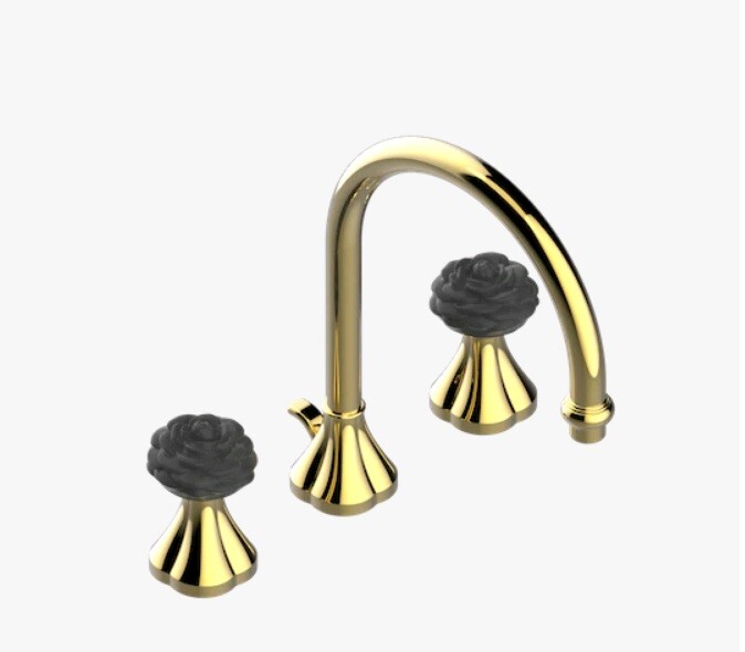Смеситель для раковины THG Camelia Black Crystal ручки-цветок камелии в черном цвете, золотистый PVD (U5K H52 151)