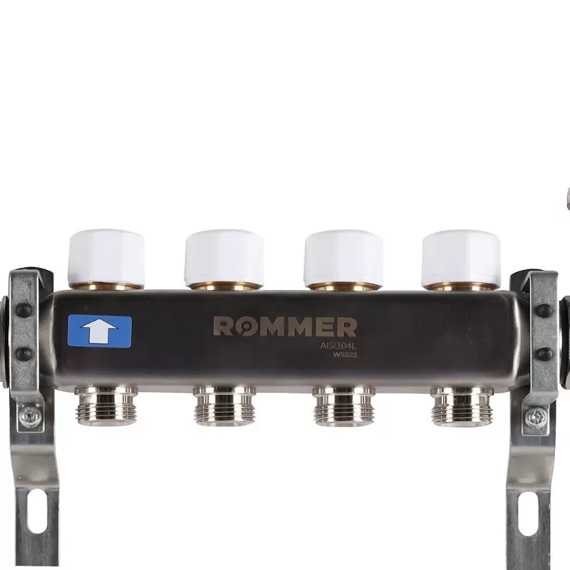 Коллектор Rommer 1"x3/4" на 4 контура с расходомерами в сборе (нерж. сталь) (RMS-1210-000004)