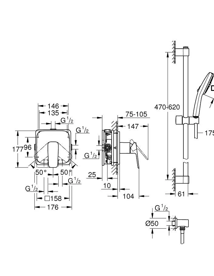 1053350000 CUBEO Душевой комплект (смеситель внутр монтажа для душа без встр части, душ гарнитур Tempesta Cube 110, подкл для душ шланга), хром