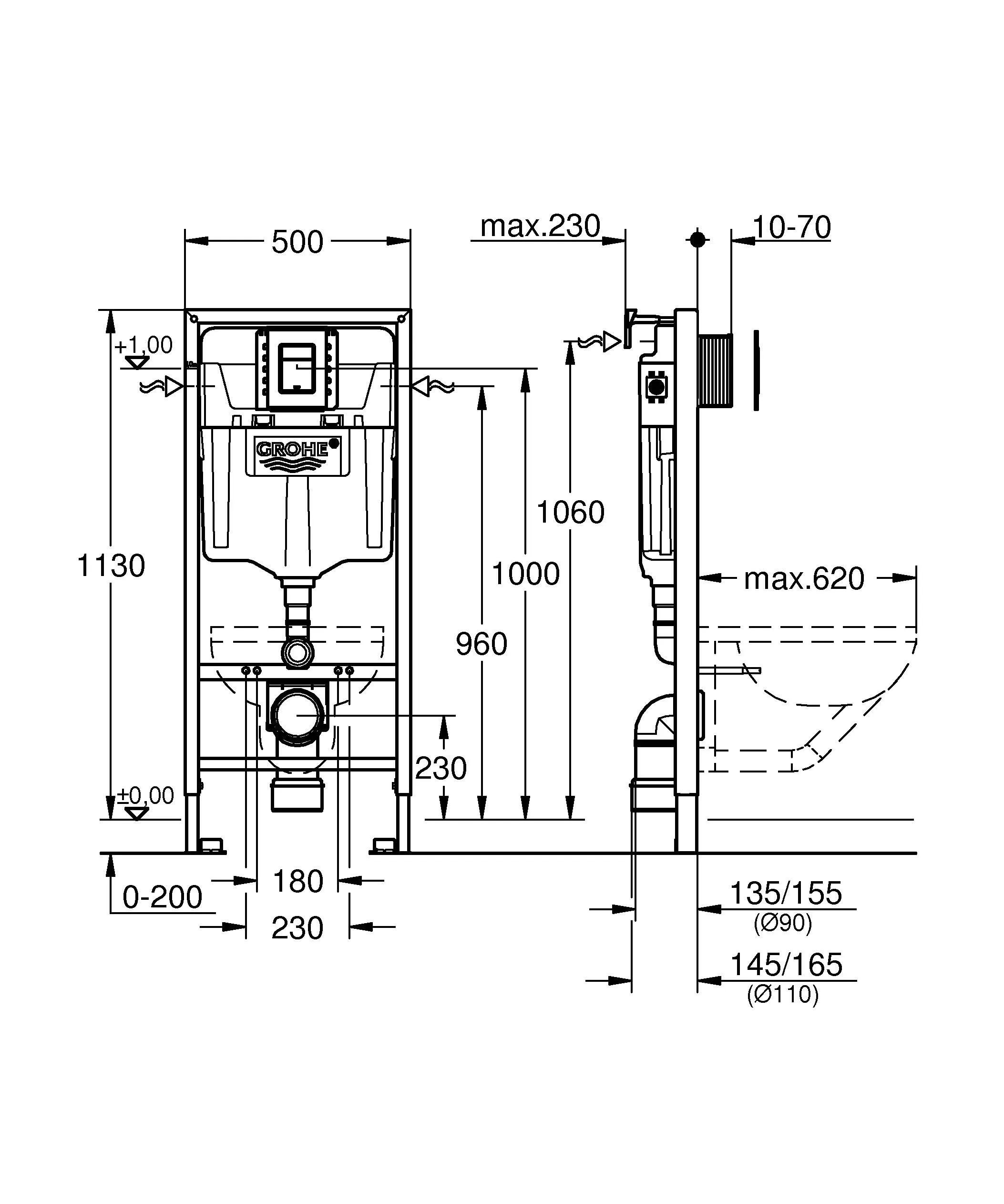 Инсталляция для унитаза подвесного стандартная, комплект Grohe Rapid SL 1130x500x230 мм (39501000)