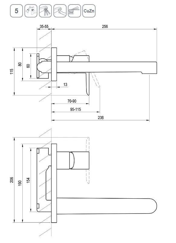 Смеситель для умывальника Ravak PU 019.20 настенный монтаж черный