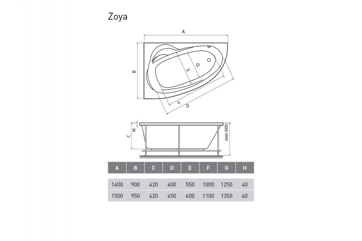 Ванна акриловая левосторонняя Relisan ZOYA Гл000001247, 140x90