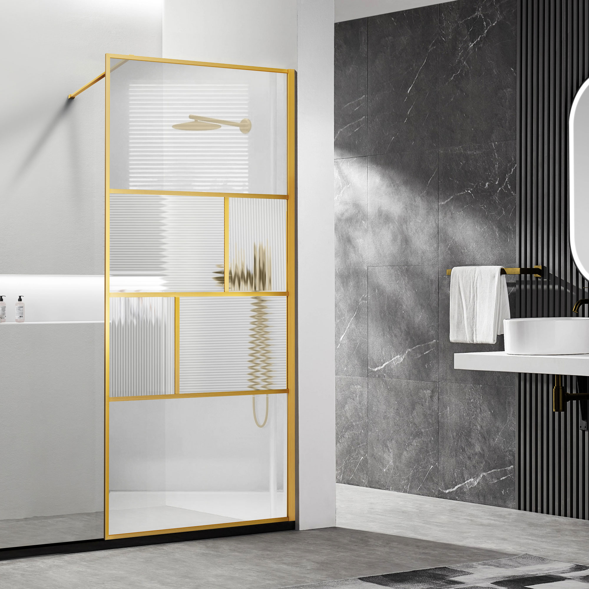 Душевая перегородка Vincea Walk-In (VSW-1HC120CFBG) 1200х2000 мм, браш. золото, стекло прозрачное/рифленое