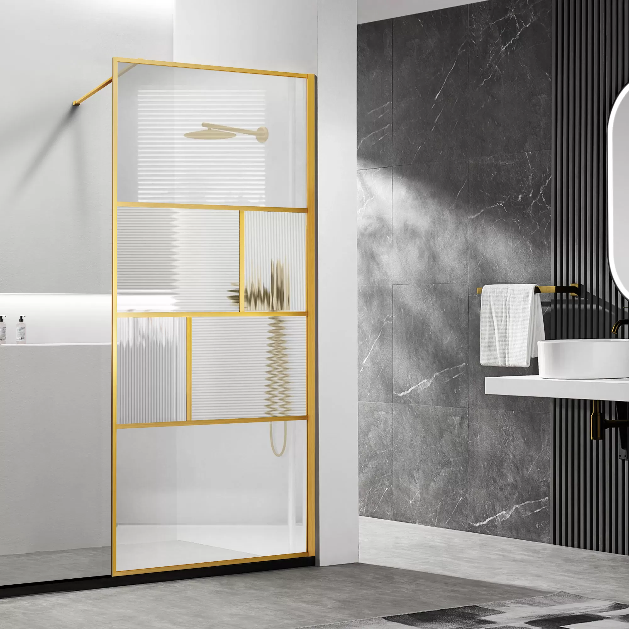 Душевая перегородка Vincea Walk-In (VSW-1HC120CFBG) 1200х2000 мм, браш. золото, стекло прозрачное/рифленое