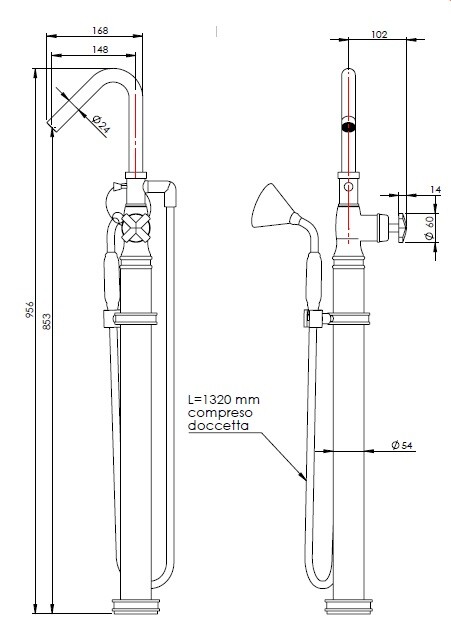 Смеситель для ванны и душа Nicolazzi Freestanding, латунь позолоченная (S3441 GB 45IN)