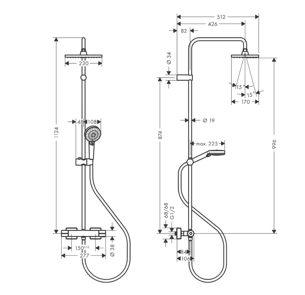Душевая система Showerpipe 230 1jet с термостатом, EcoSmart Hansgrohe Vernis Shape 26097670, матовый черный