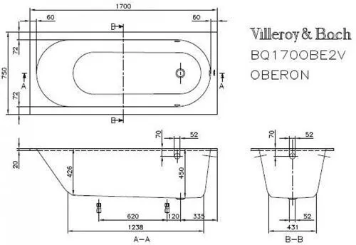 Квариловая ванна Villeroy & Boch Oberon 170х75 белый Alpin (UBQ170OBE2V-01)