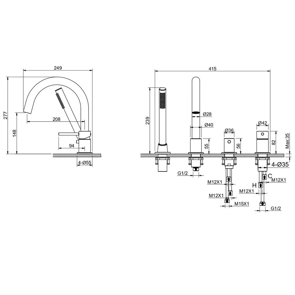 AQ1348BGM ЕВРОПА смеситель на борт ванны на 4 отв., шлиф. черный хром