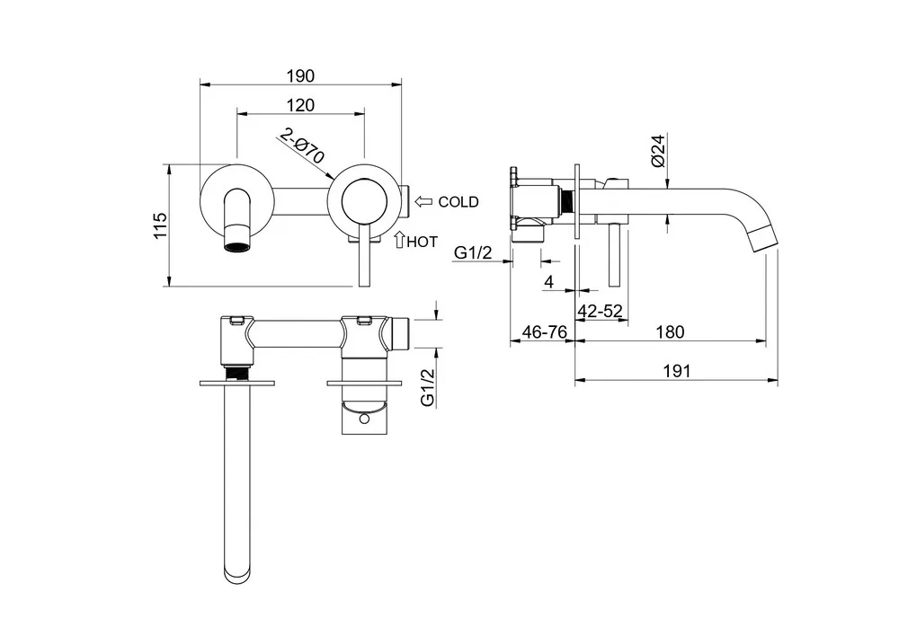 AQ1313BGM ЕВРОПА смеситель для раковины настенный 2 отв. (внешняя и скрытая часть), шлиф. черный хром