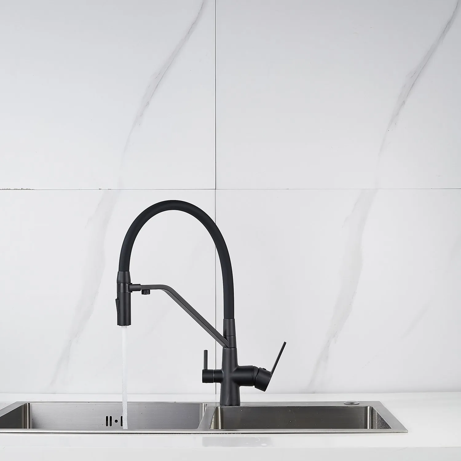 Смеситель для кухни с гибким изливом и подключением фильтра Shevanik S278H, черный