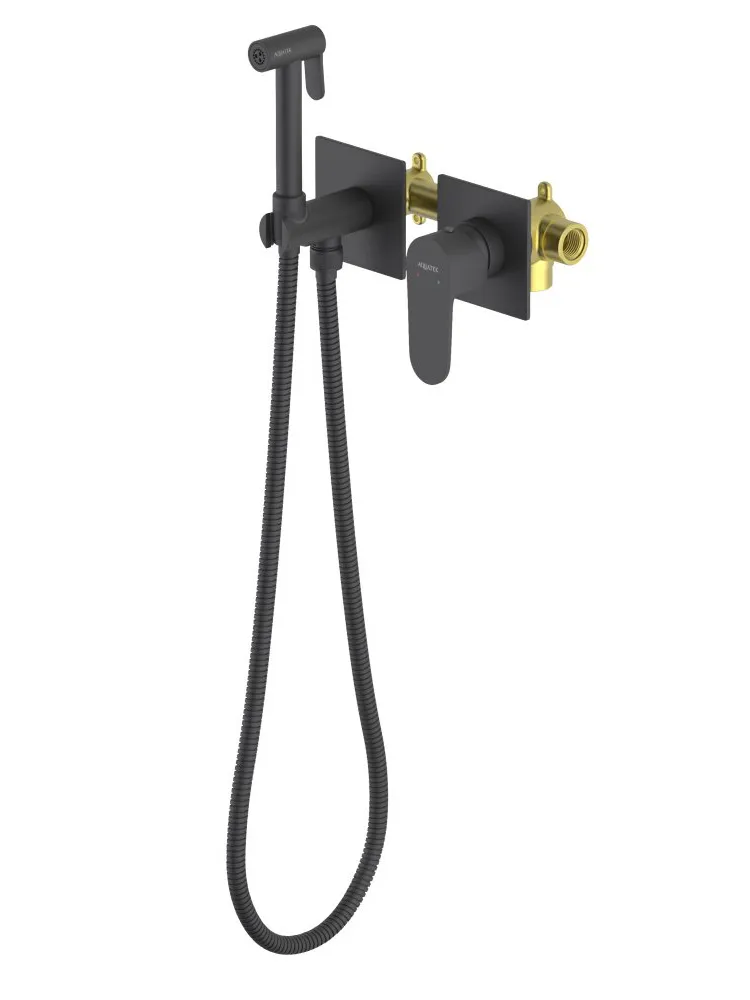 Комплект для гигиенического душа встроенный 2 отв. (смеситель + гигиеническая лейка + шланг) AQUATEK ОБЕРОН, матовый черный AQ1220MB