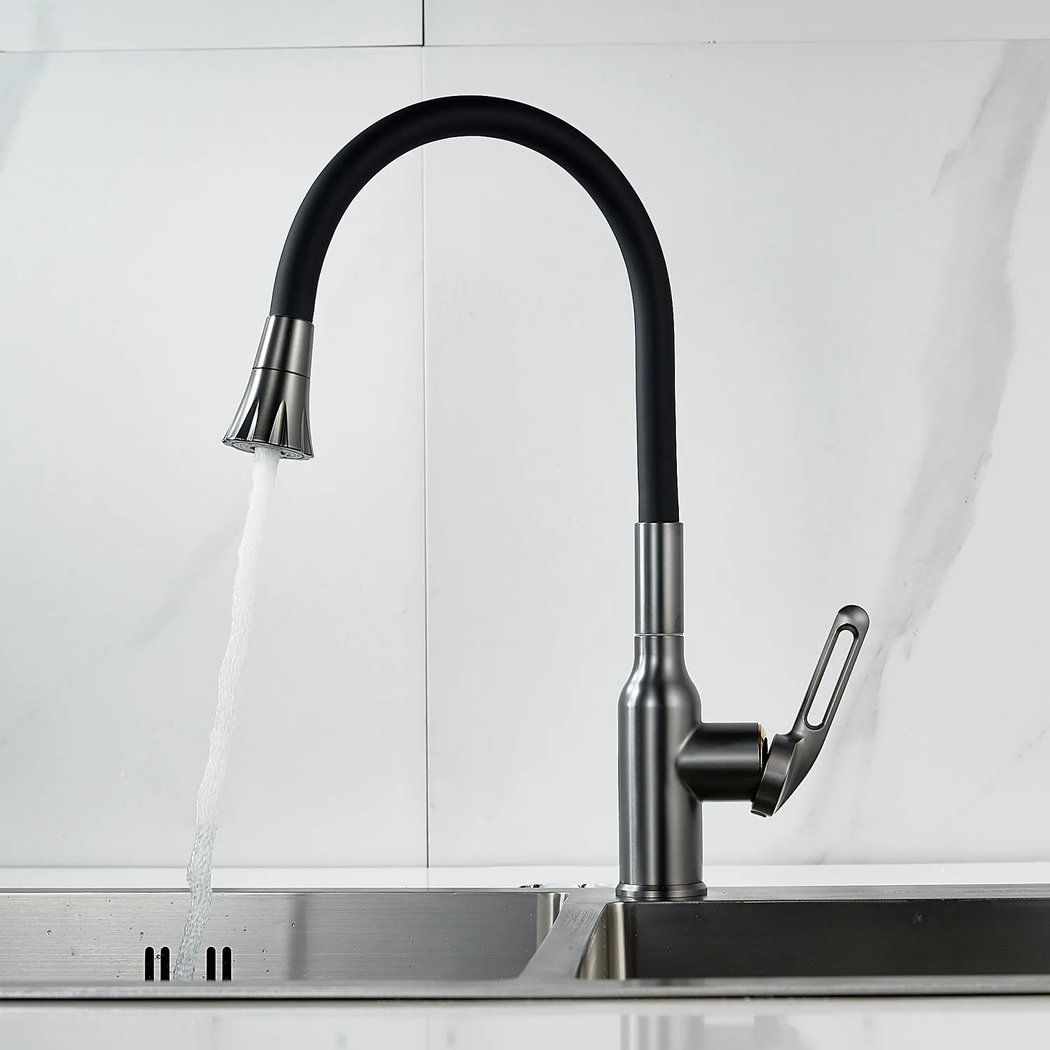 Смеситель для кухни с гибким изливом Raffine F303T-3, оружейная сталь