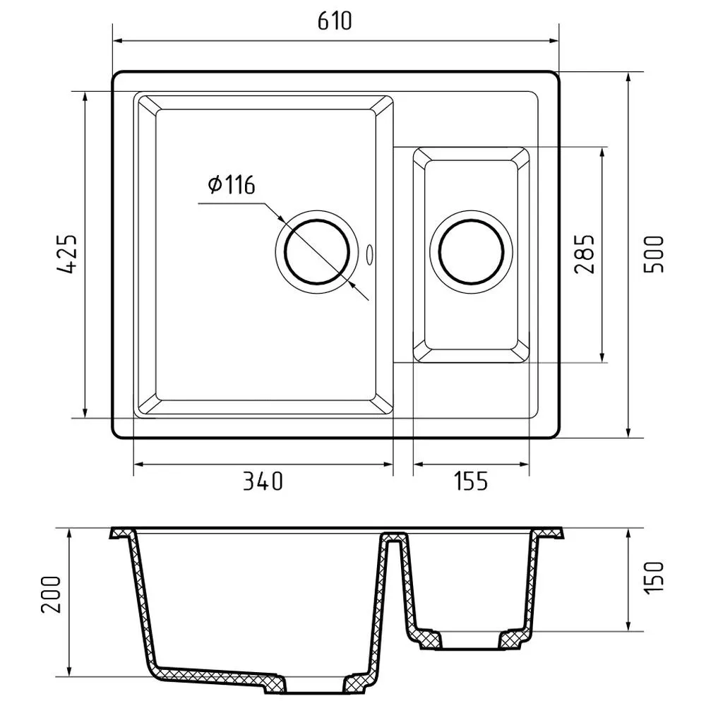 Кухонная мойка GranFest QUADRO 610K, топаз
