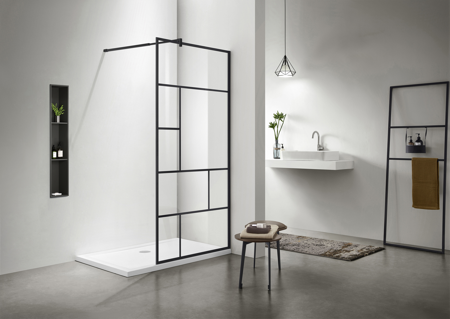 AQ WIW Print 10020BL Душевая перегородка AQUATEK Walk in, с держателем 1000x2000, профиль черный матовый, стекло прозрачное с черным принтом