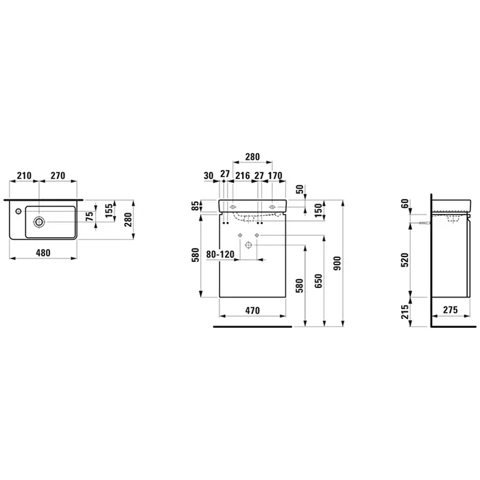 8.6296.5.463.104.1 PRO S Combipack 480x280x690, мини-раковина асимметричная левая 815955 со шкафчиком под раковину, включая сифон и крепежный комплект