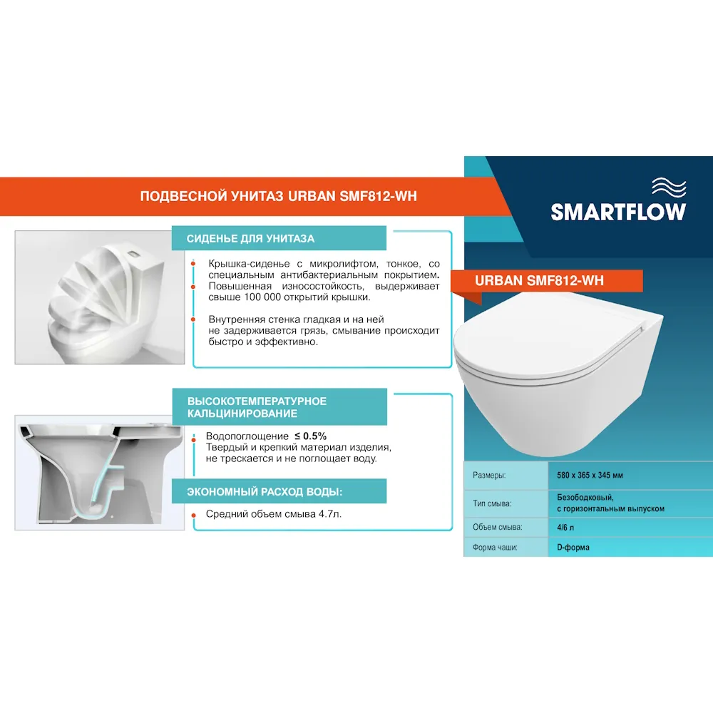 Унитаз подвесной SMARTFLOW URBAN безободковый с микролифтом, SMF812-WH, белый