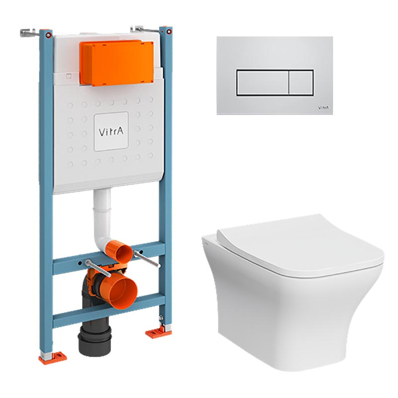 9875B003-7201 Комплект Vitra: Zentrum Square подвесной Безободковый унитаз + тонкое сиденье МЛ/БС+ инсталляция + панель смыва хром глянец