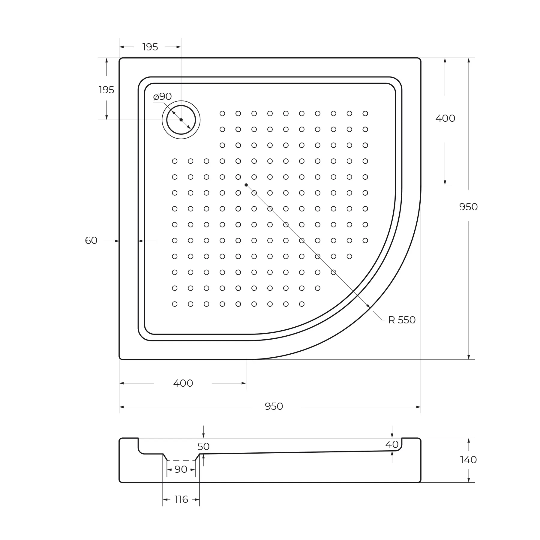 Акриловый поддон Cezares 950х950 мм, белый (TRAY-A-R-95-550-15-W)