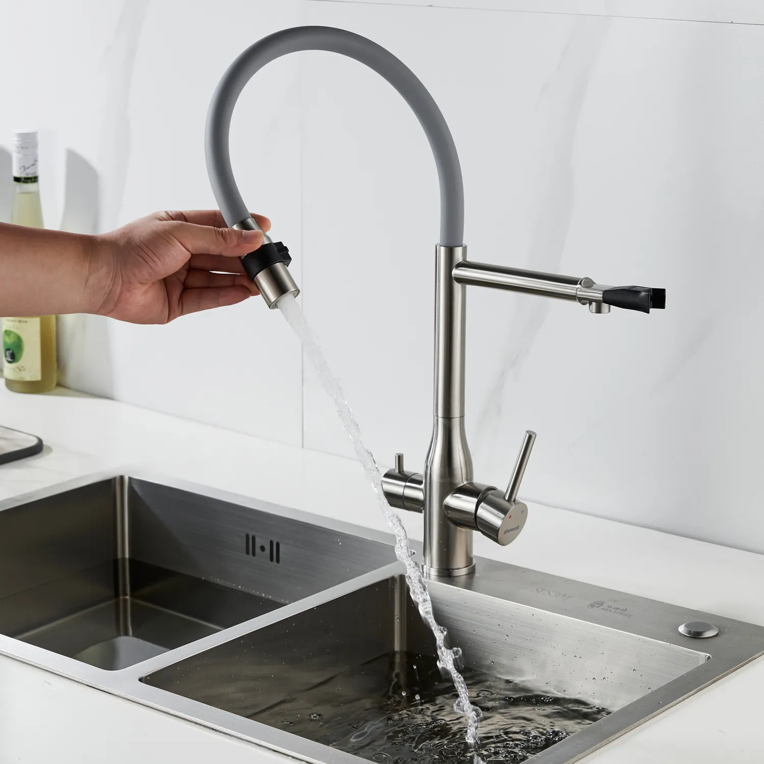 Смеситель для кухни с гибким изливом и подключением фильтра Shevanik S378L, сатин