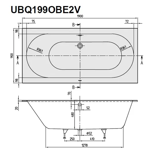 Квариловая ванна Villeroy & Boch Oberon 190х90 белый Alpin (UBQ199OBE2V-01)