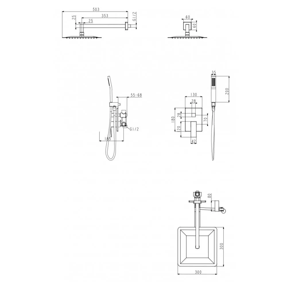 Душевая система встраиваемая (без излива) Grocenberg GB5089BL-3, черный