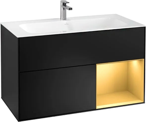 G040HFPD FINION Тумба под раковину 996 x 591 x 498 mm, с подсветкой LED, 2 выдвижных ящика. крепежный комплект Black Matt Lacquer / Gold Matt Lacquer