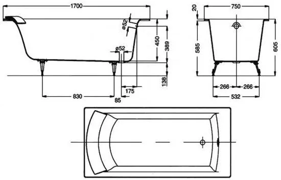 Ванна чугунная Jacob Delafon Biove (170x75 см) без отверстий для ручек, без антискользящего покрытия (E2930-S-00)