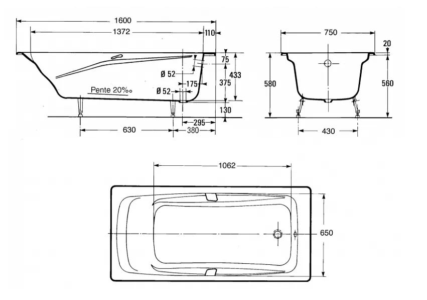 Ванна чугунная Jacob Delafon Repos (E2929-00) (160x75 см) с отверстиями для ручек
