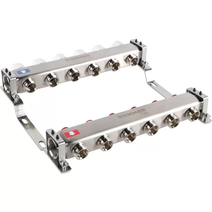 Коллектор Rommer 1"x3/4" на 6 контуров с запорными клапанами (нерж. сталь) (RMS-3200-000006)