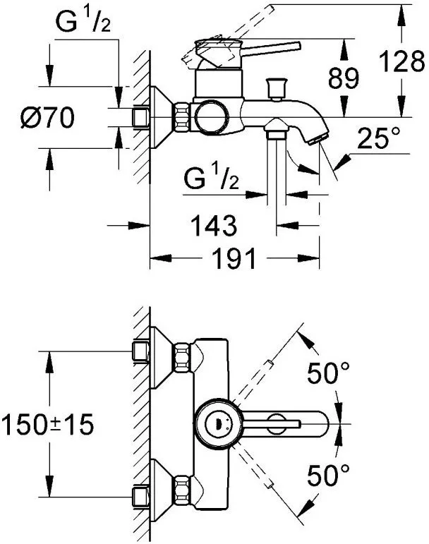 Смеситель для ванны GROHE BauClassic с изливом, хром (арт. 32865000)