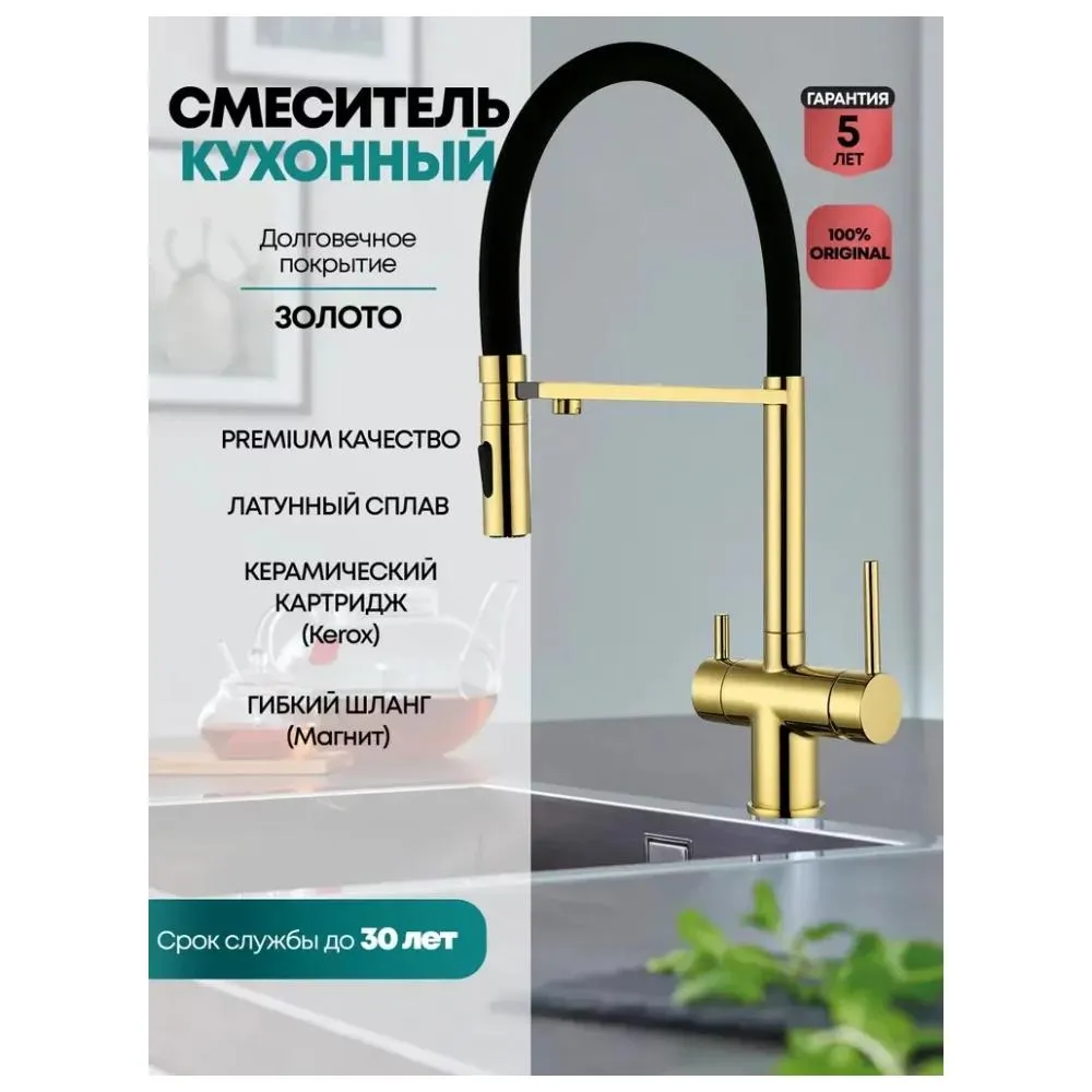 Смеситель для кухни с гибким изливом и подключением фильтра Grocenberg GB4096GO, золото