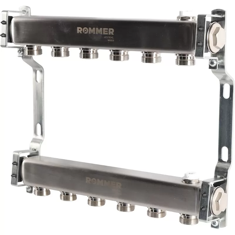 Коллектор Rommer 1"x3/4" на 6 контуров для радиаторной разводки (нерж. сталь) (RMS-4401-000006)