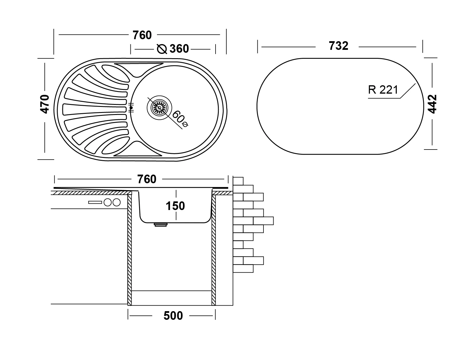 Кухонная мойка UKINOX Фаворит FAD760.470 -GT6K 1R, 47*76