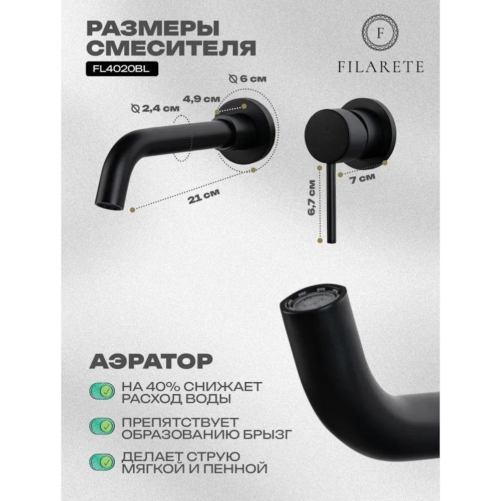 Смеситель для раковины встраиваемый FILARETE Roun FL4020BL, черный